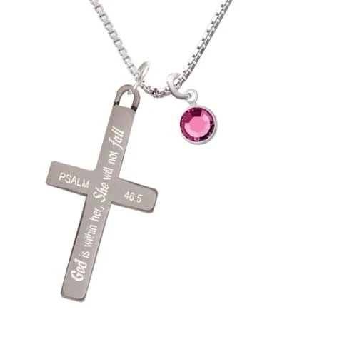 Crystal Hot Pink Channel Drop - She will not Fall - Cross Necklace (1)