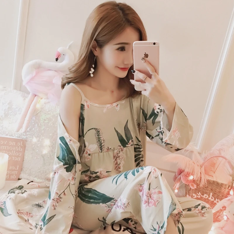 

3PCS/SET Women Pajamas Set Nightwear Flower Pattern Pyjamas Sleepwear with Bra Pad Women Clothes