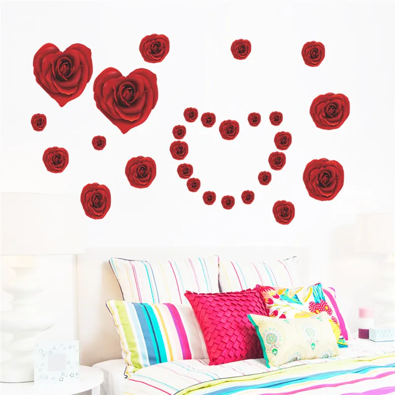 Romantic Love Heart 3D DIY Red Rose Flower Wall Sticker Home Decor Room ...