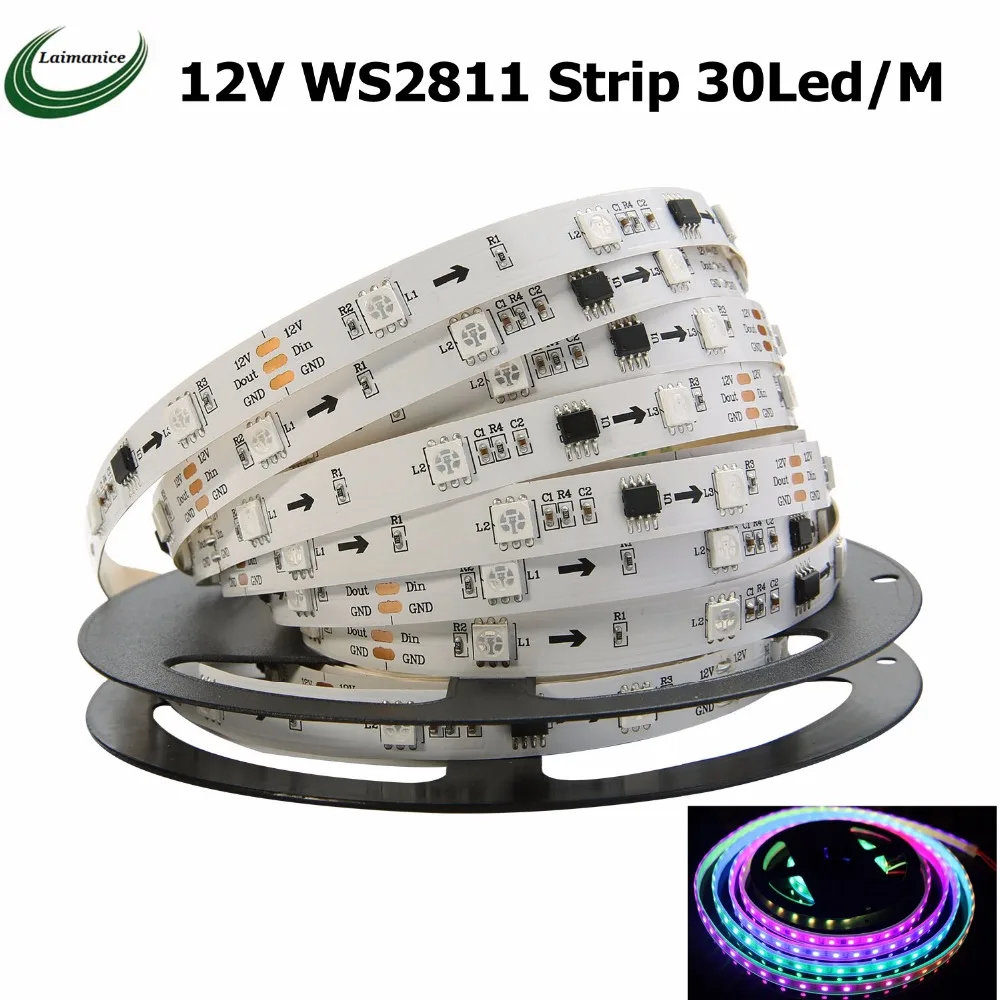 

5M WS2811 DC12V 30leds/m RGB Full Color Addressble LED Strip Black&White PCB IP30/IP65/IP67 Waterproof SMD5050 Pixels Strips