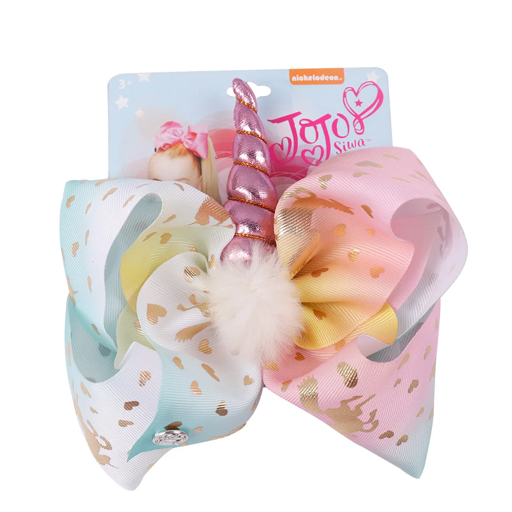 8/" JOJO SIWA Unicorn Hair Bow Hair Clip White Pom pom Horn Rainbow Hair Accessor
