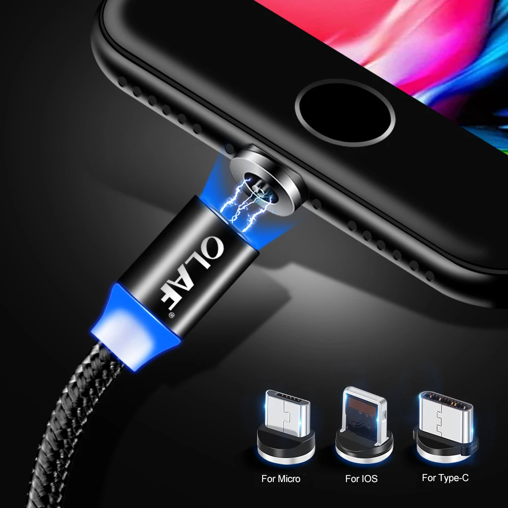 Магнитный зарядный кабель OLAF 1 м, кабель Micro USB для iPhone XR XS Max X, Магнитный зарядный кабель usb type C, светодиодный зарядный провод