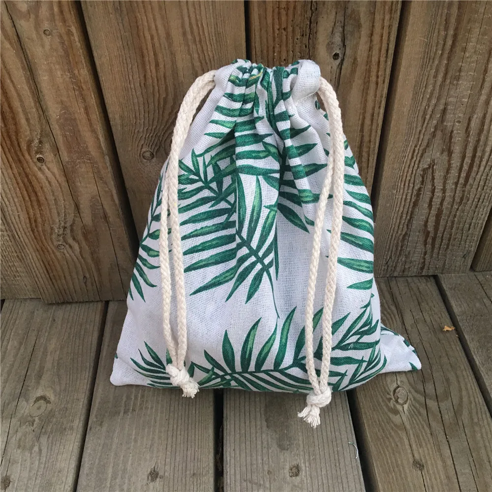 

YILE 1pc Cotton Linen Drawstring Sorted Pouch Party Gift Bag Print Green Leaf 81031C