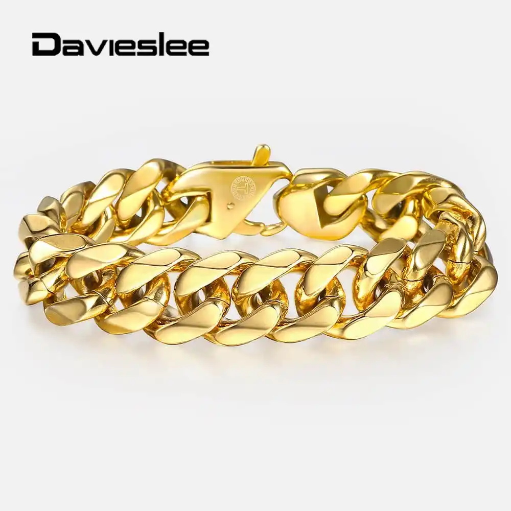 15mm Gold Color Bracelets For Men 316l Stainless Steel Curb Mens Men 316l Stainless Steel Curb