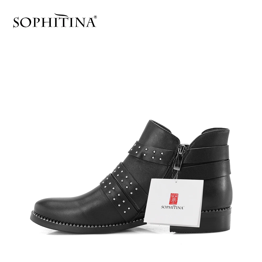 SOPHITINA/ботильоны из натуральной кожи; Новинка года; модные мотоботы с круглым носком на низком каблуке; обувь из коровьей кожи на молнии с пряжкой; M13