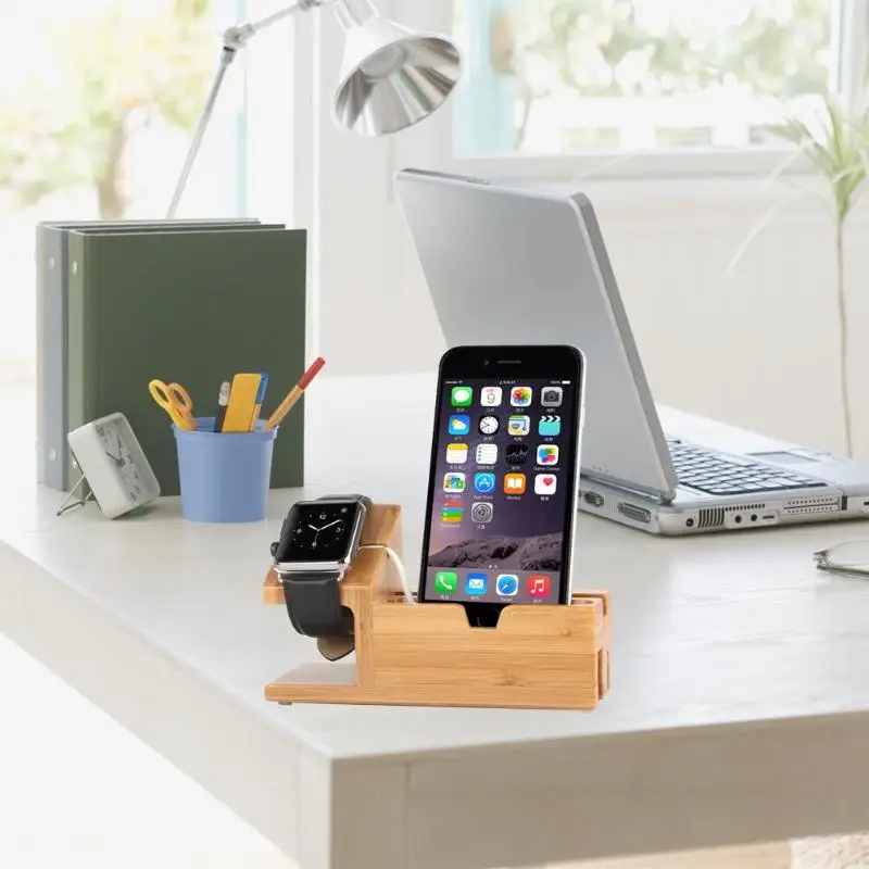  Bambus Holz Lade Dock Handy Ladegerät Halter Holz Telefon & Uhr Ladegerät Schreibtisch Für iPhone 6