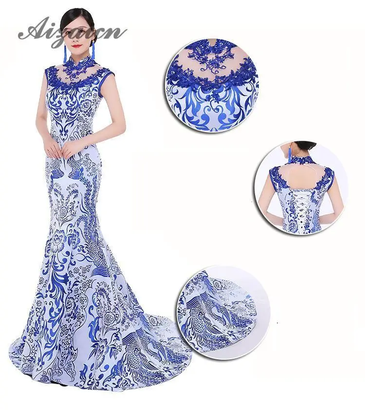 Sirena estilo восточные vestidos de noche largo vestido chino для женщин Qipao Negro Dragón ropa Cheongsam disemino personalizado