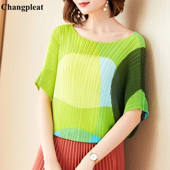 

Changpleat Summer New Women T-shirts Tops Miyak Pleated Fashion Loose Batwing sleeve Large Size Female Colorblock T-shirt Tide