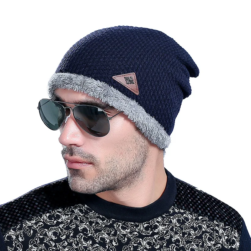 Men's Fur Lining Beanie Thicken Skullies Winter Wool Knitted Hat Male