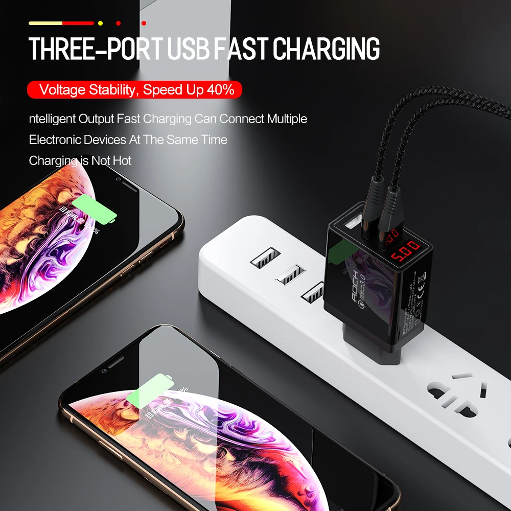 ROCK Quick Charge 3.0 Phone Charger USB 45W QC3.0 Led Light Display QC Turbo Fast Charging For iPhone Xiaomi mi 9 Huawei P30 Pro
