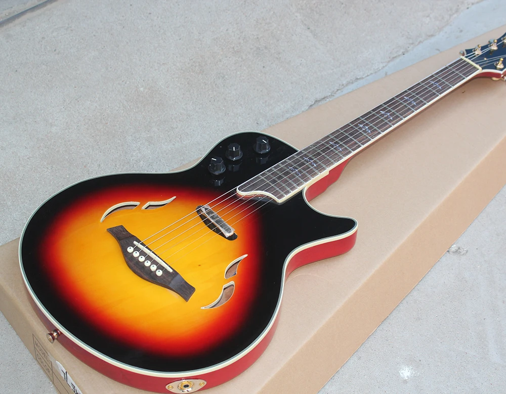 

Semi-hollow Electric Guitar with Golden Hardwares,Rosewood Fretboard with Bird Inlay,White Binding,offering customized services