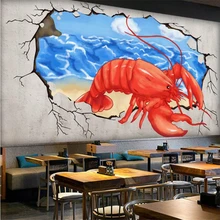beibehang Custom 3d wallpaper hand painted lobster broken wall into the hot pot shop background wall