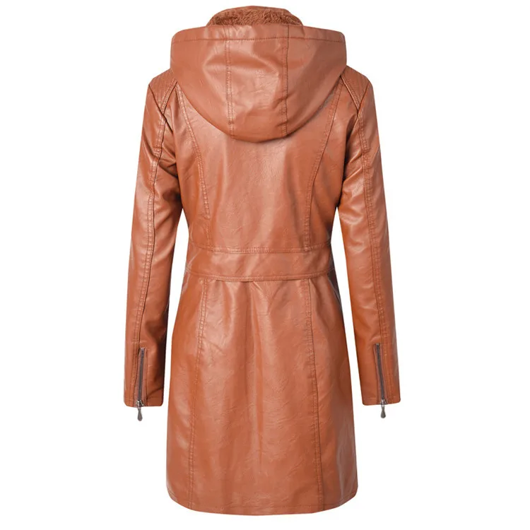 Модная осенне-зимняя женская куртка из искусственной кожи на молнии с длинным рукавом и капюшоном, длинное кожаное пальто для женщин, Высококачественная байкерская куртка из искусственной кожи