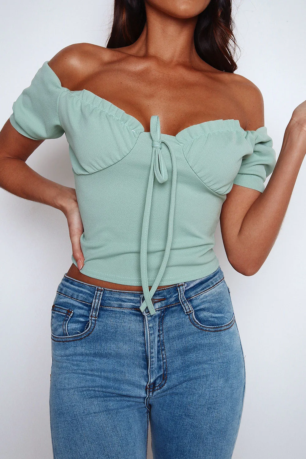 Newest Women lady solid crop tops Hot summer off shoulder bandage short sleeve shirt Strapless Casual Tank Top Club Camis