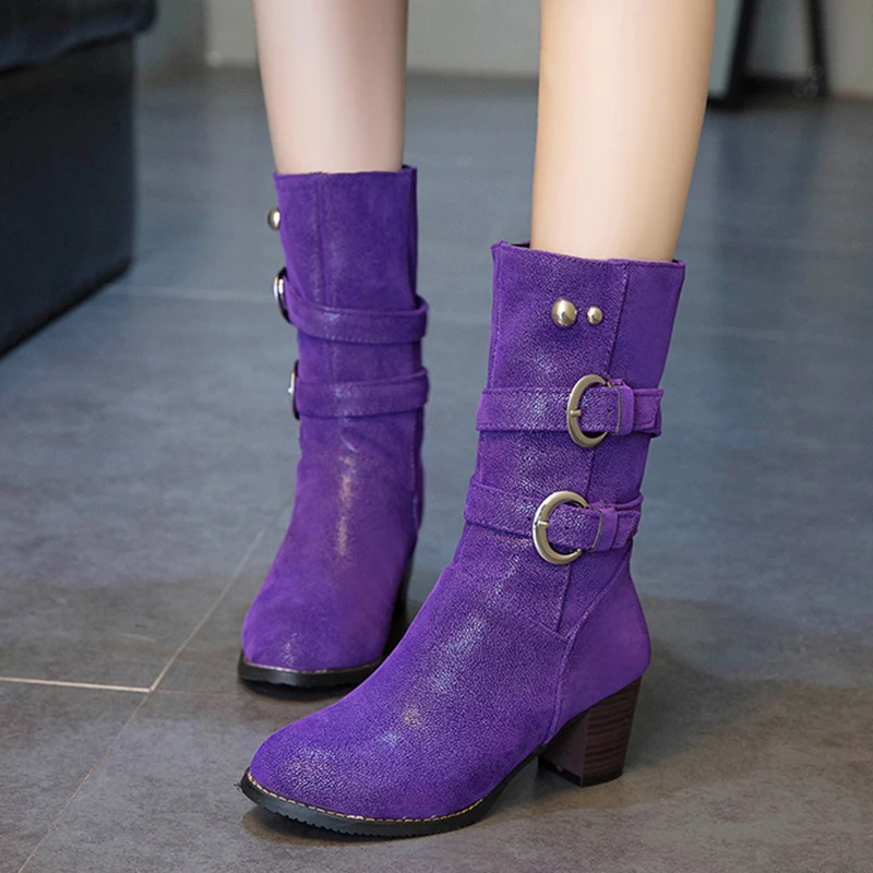 Rimocy Purple Warm Short Plush Mid Calf Boots Women Vintage Buckle Chunky Heels Pu Botas Mujer Plus Size Slip-on Shoes Woman