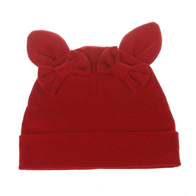 Шапка для маленьких девочек, шапка с заячьими ушами для девочек, хлопковая детская шапка с бантом, детские шапки для малышей, милые детские шапки с рисунками - Цвет: Красный