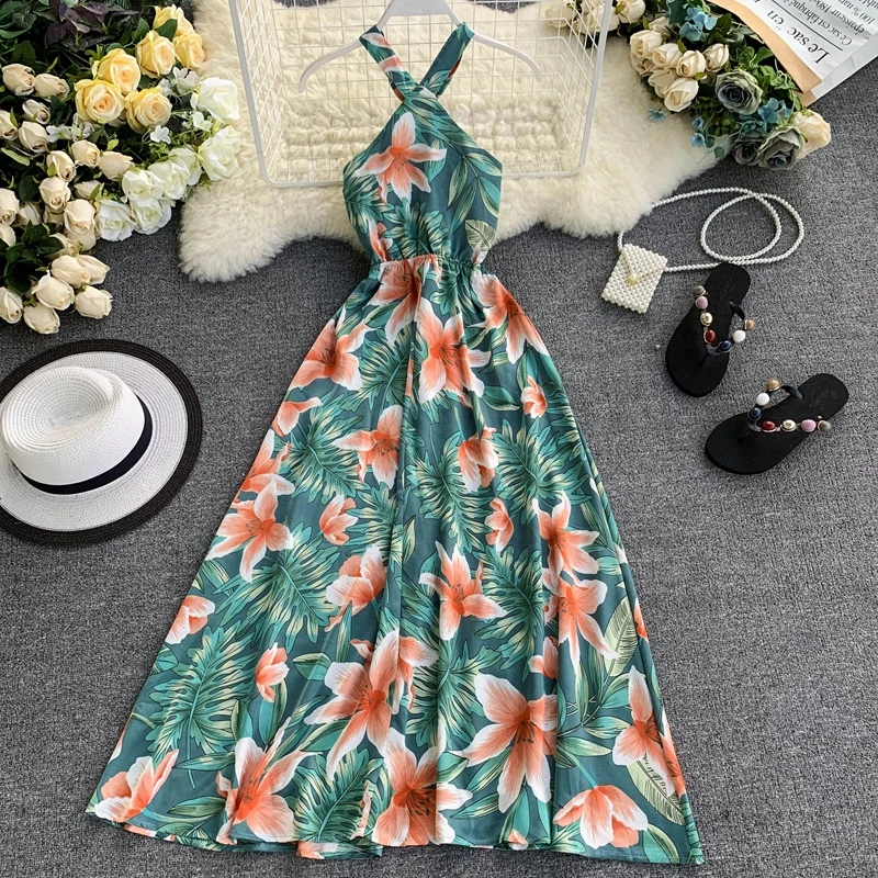 

Summer Women Dresses Sexy Ladies Sleeveless Floral Halter Dress Elegant Female Boho Beach High Waist A-line Maxi Vintage Dress