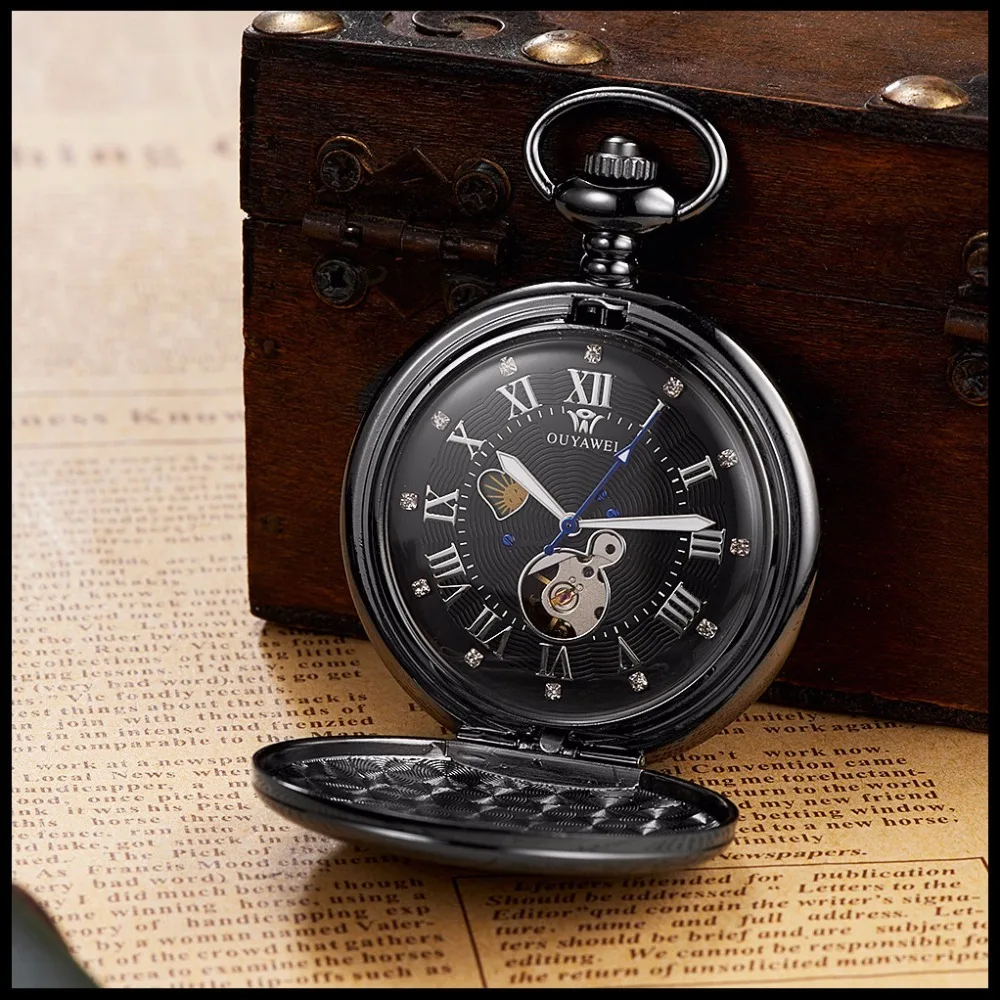 Модный бренд OUYAWEI Механические карманные часы Для мужчин полный Сталь чехол Карманный Брелок часы Аналоговые серебро синий циферблат