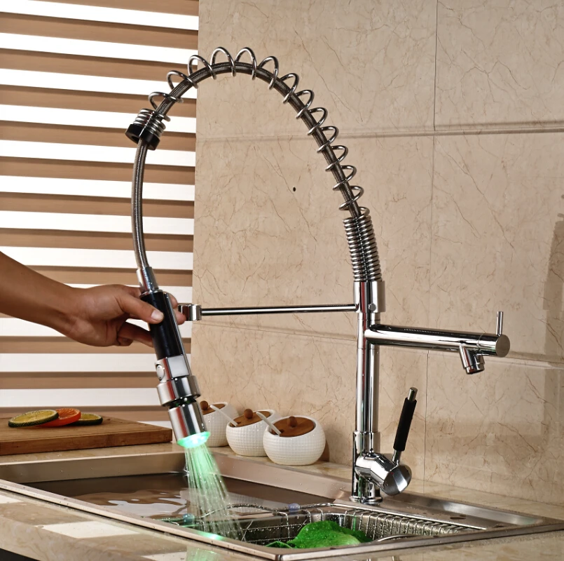 Luxury Spring Pull Down Kitchen Sink Mixer Taps Single Handle Dual Sprayer Head Kitchen Faucet with Hot Cold Water