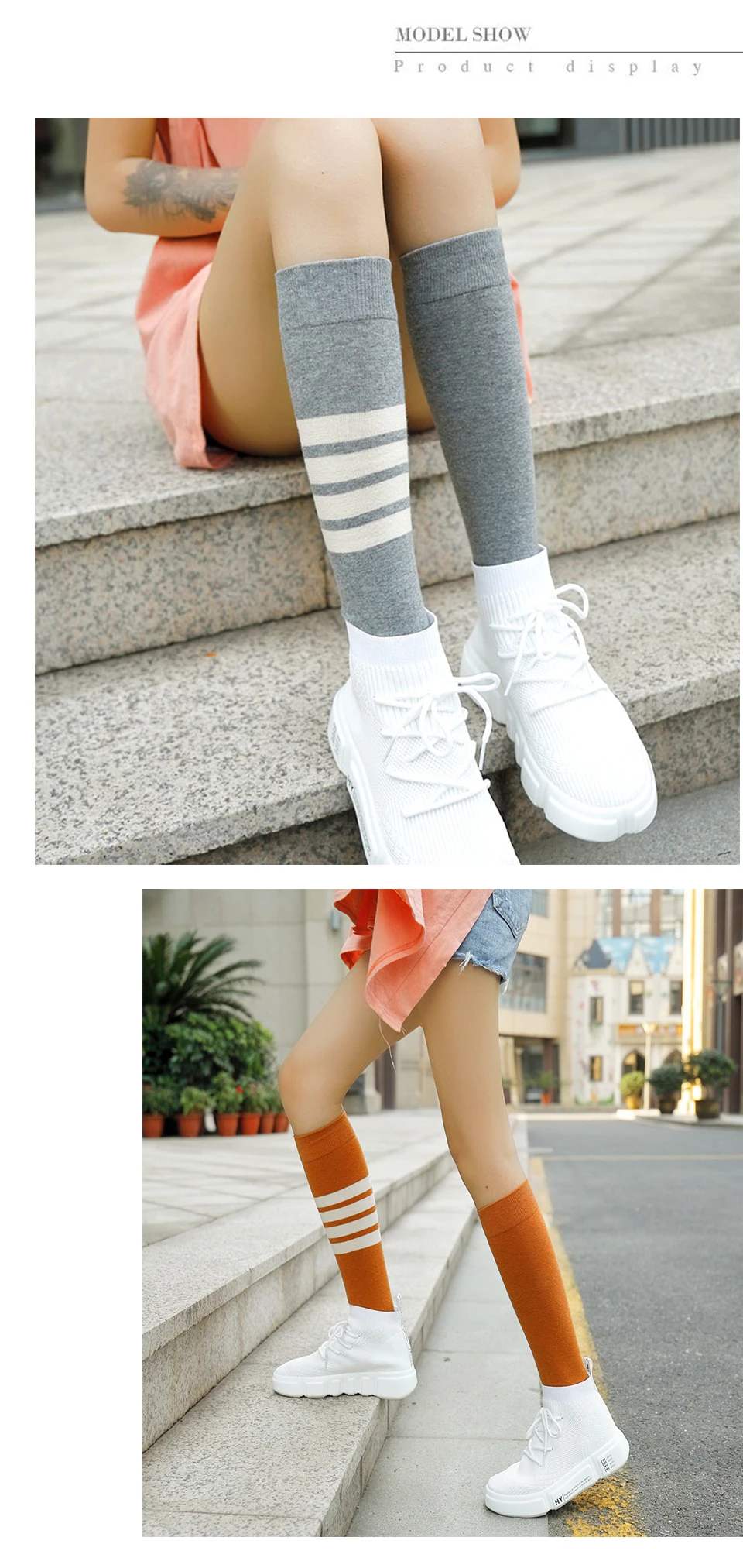 High Quality Sexy Women's Fashion Color Classic Striped Knee-Length Stockings Cotton Female New Ladies Cute Campus Student Style (8)