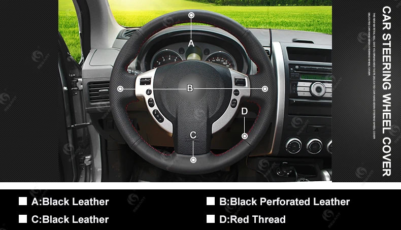 Black Leather Steering Wheel Cover for Nissan QASHQAI NV200 Rogue #GB04