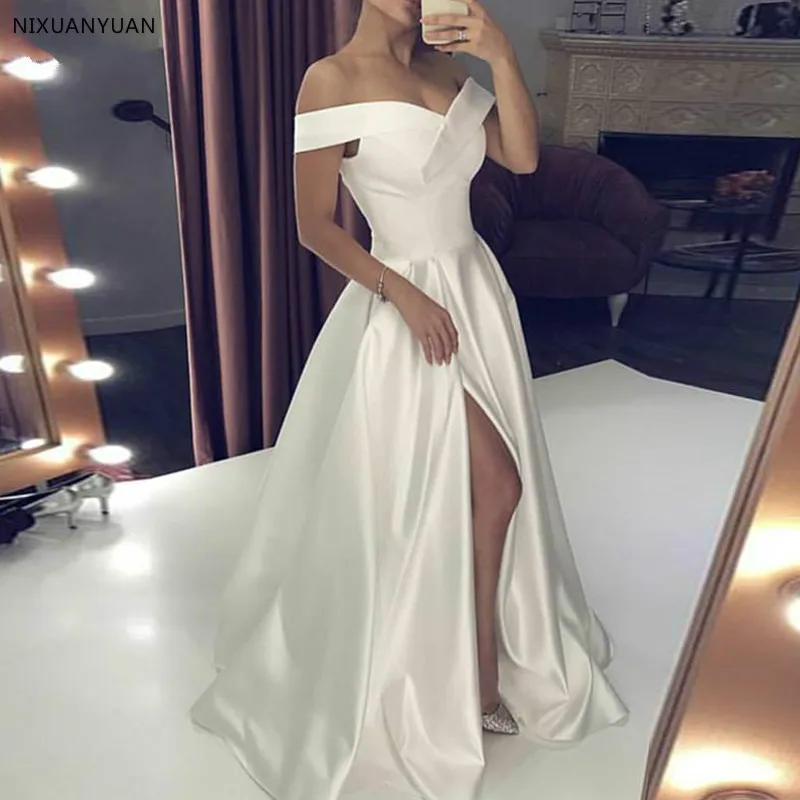 

Wedding Dresses 2019 Stain Off The Shoulder Bridal Gown Right Split Backless Vestido De Noiva Custom Made Plus Size