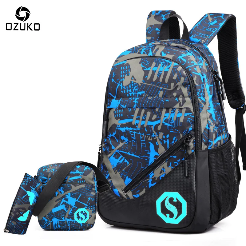 

OZUKO New Men Fashion School Bags Backpack Laptop Bag Student Men Backpack for Teenager Boys Girls College Luminous Mochila 2018
