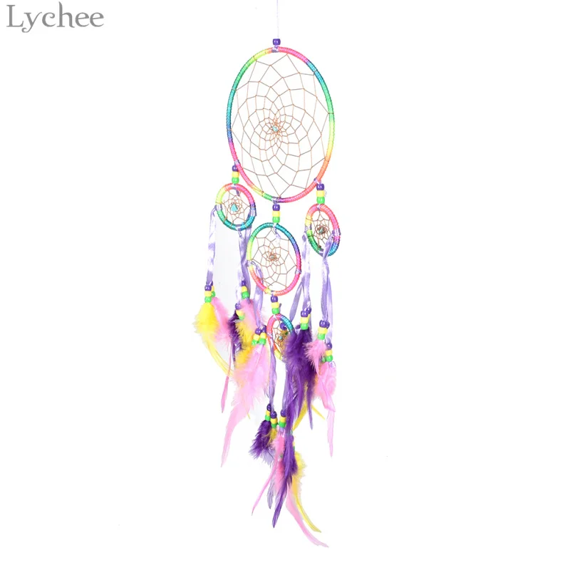 

Lychee Colorful Rings Feather Dream Catcher for Home Living Decor Car Room Hanging Decorations Handmade Wind Chimes