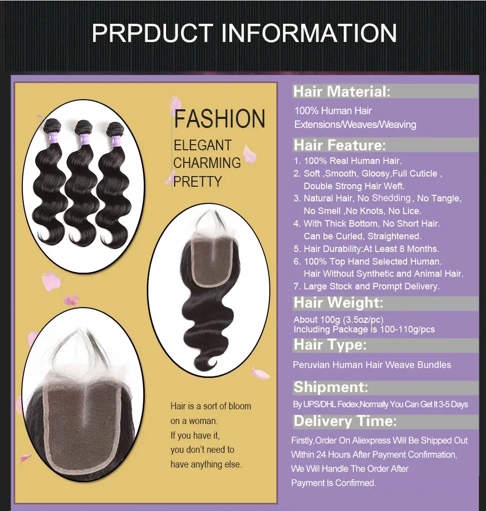 Alimice Peruvian Body Wave Hair 3 Bundles Human Hair Weave Bundles Hair Weft With Closures With Bundles Non Remy Hair Extensions (10)