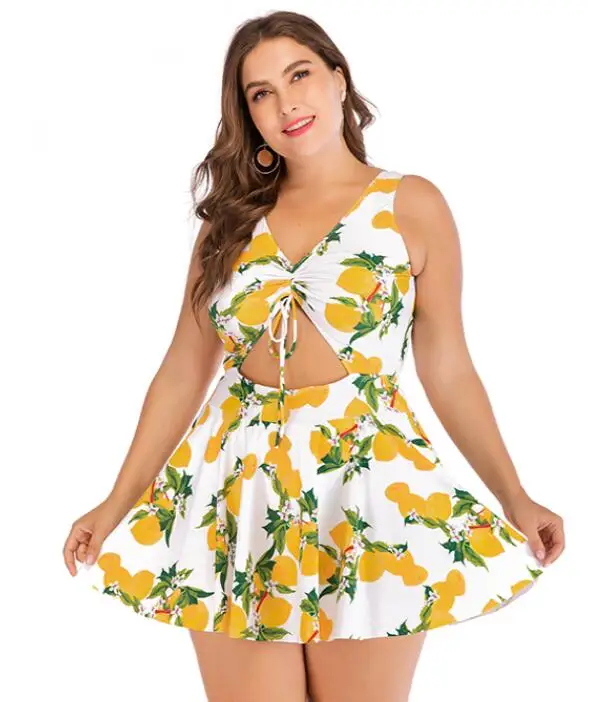 Большой размер, Женский цельный костюм, Цветочный купальник, пляжное платье, одежда для плавания, пляжная юбка, женский купальный костюм, XL~ 5XL, 3 цвета - Цвет: Yellow