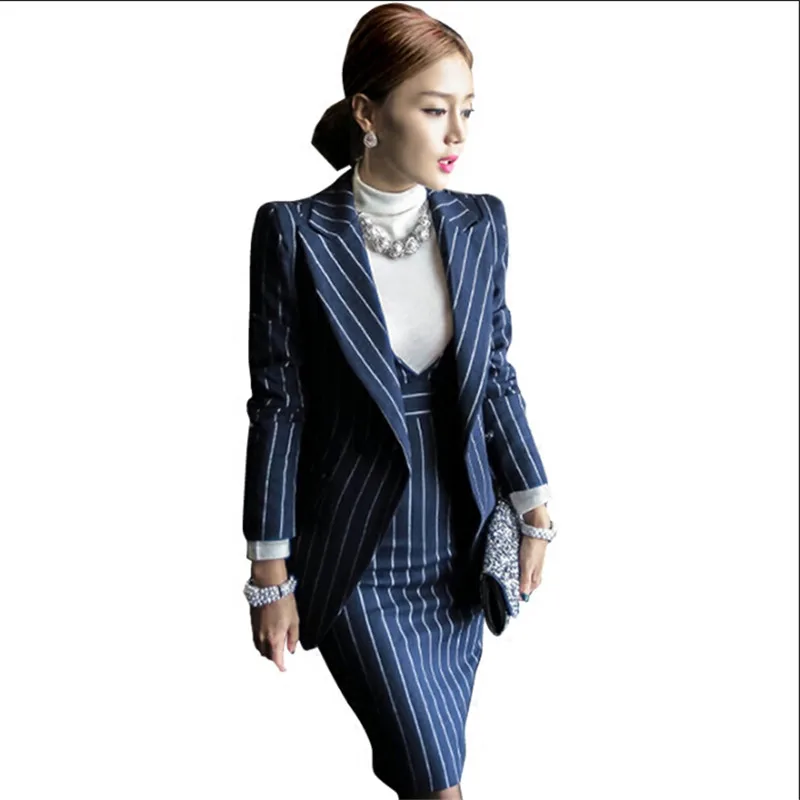

Free Shipping Women Blazer Suits Elegante With Skirt Cotton Striped Autumn Spring Blazer+Dress 2 Pieces Set For Women Clothes T