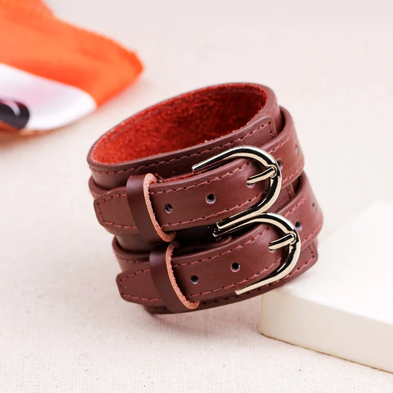 Leather Bracelet ZORCVENS Fashion Double Belt Leather Wrist Friendship Big Wide Bracelet for Men Buckle Vintage Punk Jewelry