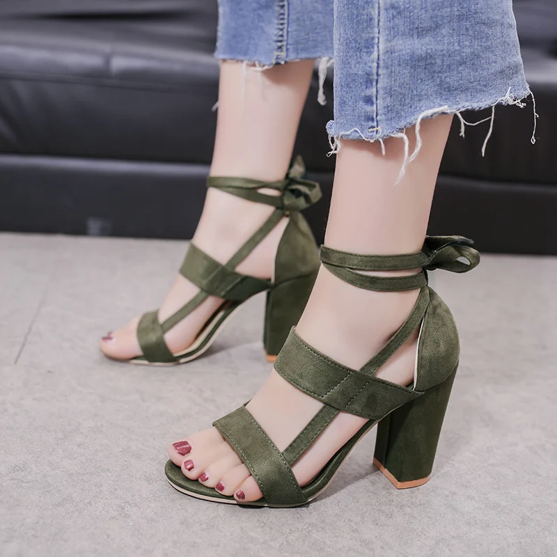 

Summer Women Open Toe Shoes Gladiator Cross tied Cover Heel Fashion Chunky Ladies Sandals For Woman High Heels Footwear Dress