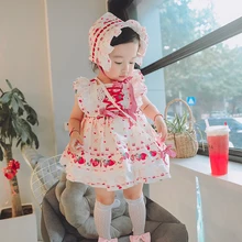 Новое поступление, милое платье принцессы с клубничкой для девочек, 3 предмета, испанское качественное хлопковое платье с бантом-бабочкой для свадебной вечеринки