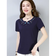 V-образным вырезом Футболка женская футболка s Летняя футболка хлопок вышивка футболка Женские топы poleras де mujer moda тонкая футболка femme