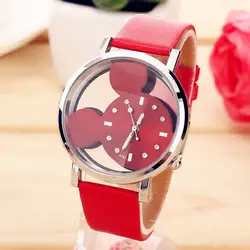 Мода Микки бренд Прозрачный Hollow циферблат кожаным ремешком женская одежда часы relogio feminino Девушка любимый подарок reloj mujer