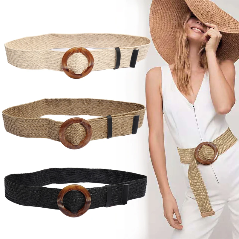 

CETIRI Round Wooden Buckle Dress Belt Summer Fashion Women Crochet Vintage Belt Wood Buckle Retro Linen Knitting Belt