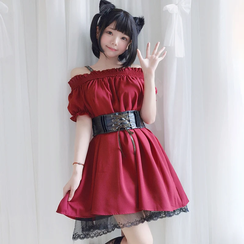 

2019 Gothic Lolita Women Dress Summer Puff Sleeve Off Shoulder Waist Corset PU Belt Lace Ruffles Sweet Red Dresses Vestido Femme