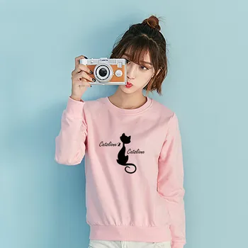 

2017 Black Cat Women Sweatshirt Cotton Loose Harajuku Hooded Female Casual Hoodies Sweatshirts Pink Yellow Red Moletons Feminino