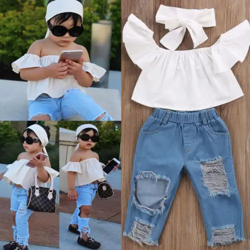 Toddler kid girls clothing Off shoulder sleeve tops Vest ripped hole pants Outfits Baby girl clothes set kids clothing set girls clothing set