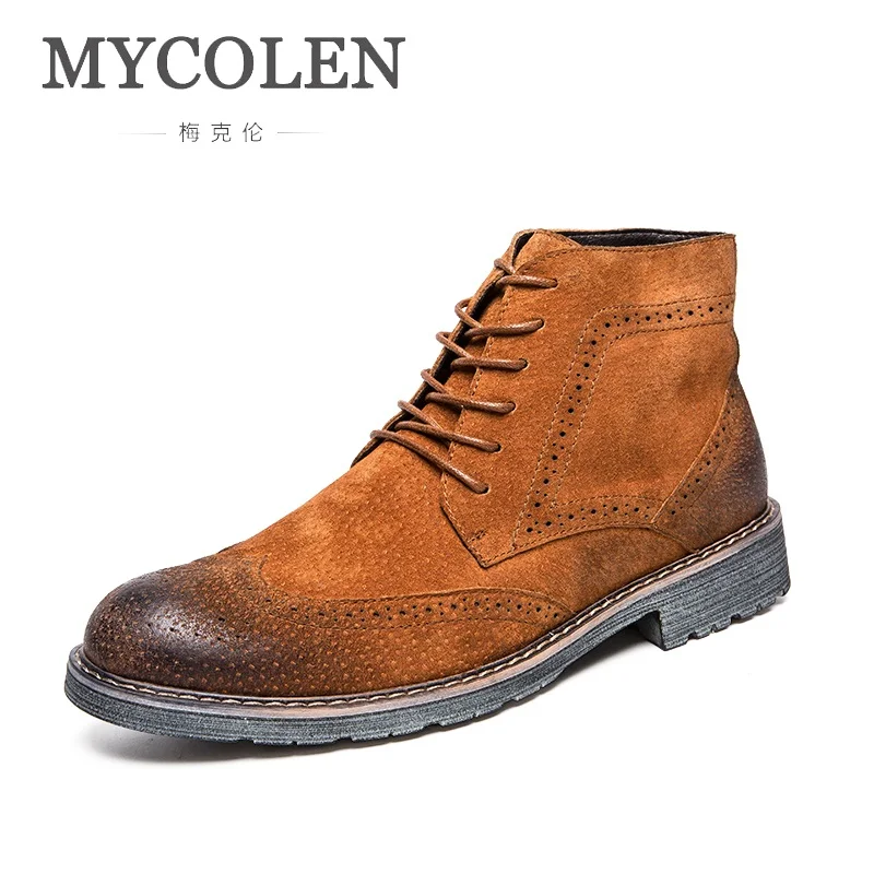 

MYCOLEN New Arrival Man Leather Handmade Boots Men Winter Bullock Carved Boots Vintage Boots Lace-Up Man Bota Masculina