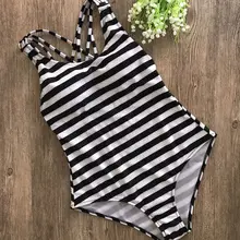 Цельный купальник черный белый полосатый женщины пловец купальник кроссовер ремешок на спине купальный костюм Scoop Bralette боди