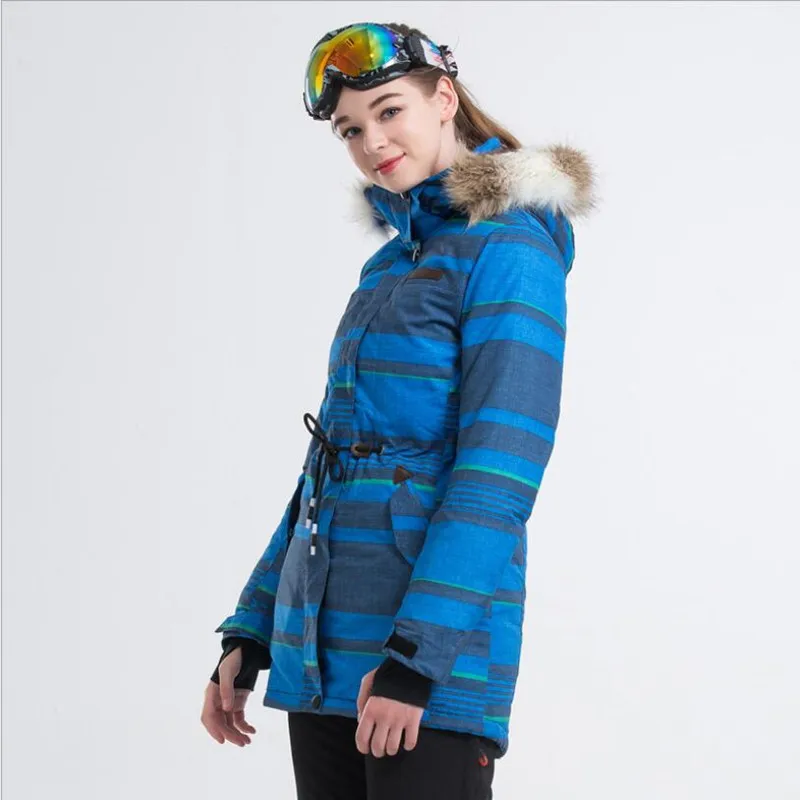 Женская лыжная куртка средней длины, одежда для сноуборда с меховым капюшоном, ветрозащитная, водонепроницаемая, для спорта на открытом воздухе, теплая Женская куртка