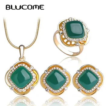 

Blucome Fashion Women Jewelry Set Dubai Statement Necklaces Earrings Rings Sets Green Square Rings For Wedding Dresses Brincos