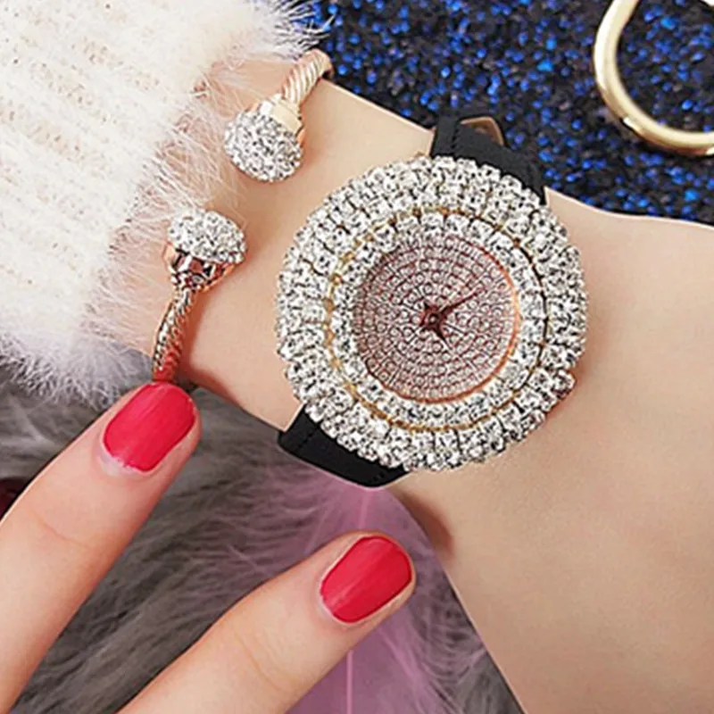 

2019 Fashion Women Quartz Crystal Watches Genuine Leather Watchband Strap Fully Rhinestone Lady Waterproof Wristwatch