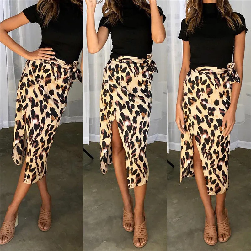 

2019 Fashion Summer Sexy Women Bandage Leopard Swimwear Bikini Cover Up Sheer Beach Midi Wrap Skirt High Waist Midi Dress