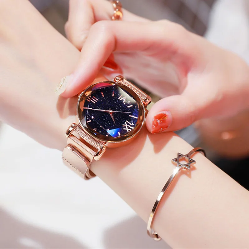 

Luxury Starry Sky Watch Women Quartz Rose Gold Stainless Steel Magnetic Rhinestone Geometry Crystal Flower Mirror Zegarek Damski