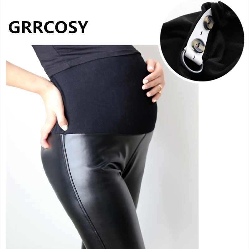 

GRRCOSY Maternity Pants New PU Leather belly Pants Thin velvet Slim pants Pregnant Women Leggings Clothing Elastic Waist Pants