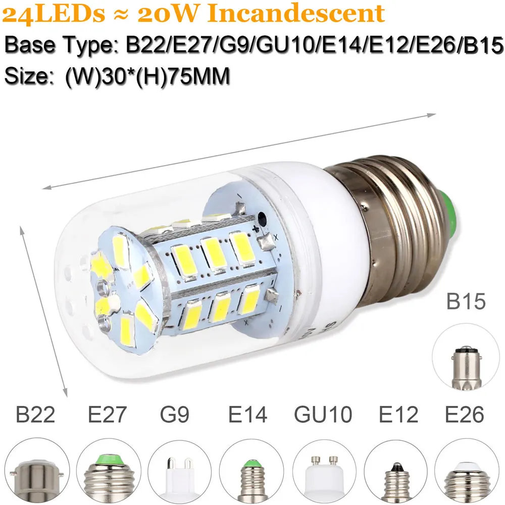 Мини светодиодная лампа «Кукуруза» E27 E14 B22 штык SMD 5730 чип 24/36/48/56/69/72 светодиоды 220V Светодиодный светильник 360 Угол луча мы осуществляем прямую светильник - Испускаемый цвет: 24LEDs