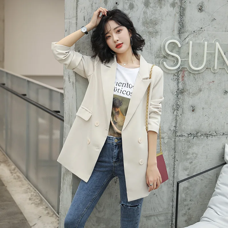 

2019 Spring Newon Woman Suit Vintage Loose Coat Simple Beige Blazer Suits Thin Jacket Solid Color Suit Elegant Female Outerwear